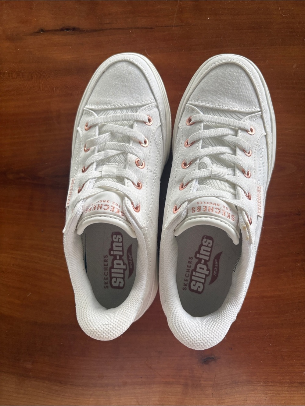 Skechers White Canvas Sneakers with Rose Gold Eyelets, New